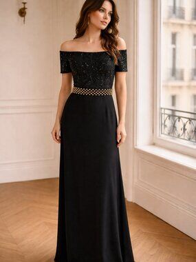 La Scala Evening Dress L Women Beaded Formal Gown Off Shoulder Lace Evening Gala